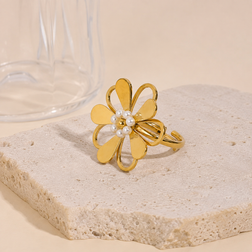 Bague Fleur Perles Dorées