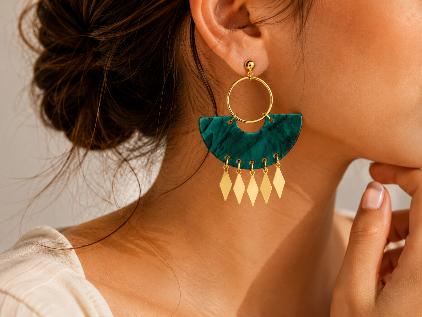 Boucles d’Oreilles Éventail Vert Marbré