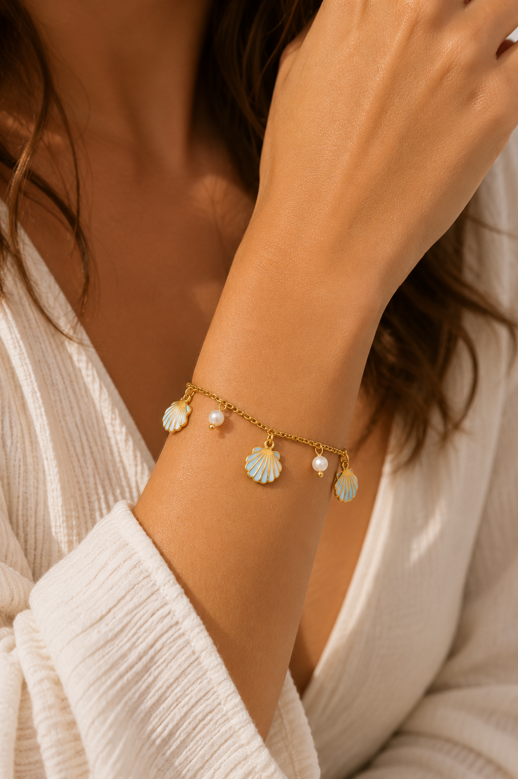 Bracelet Coquillages Bleu Ciel & Perles Nacrées