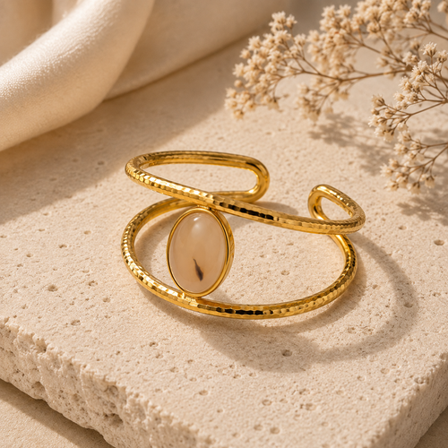 Bague Pierre Ovale Beige Dorée