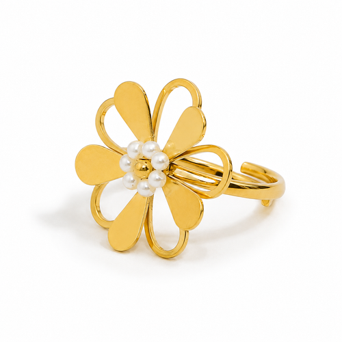 Bague Fleur Perles Dorées