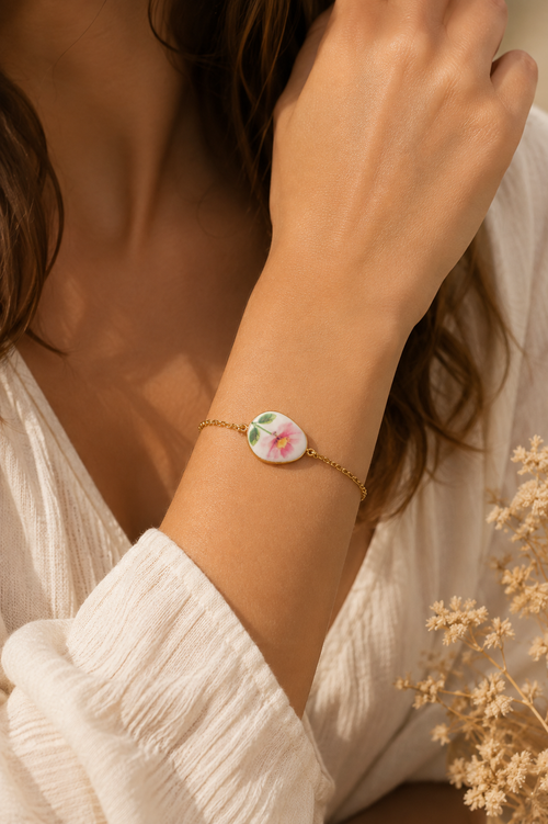 Bracelet Médaillon Fleuri Rose