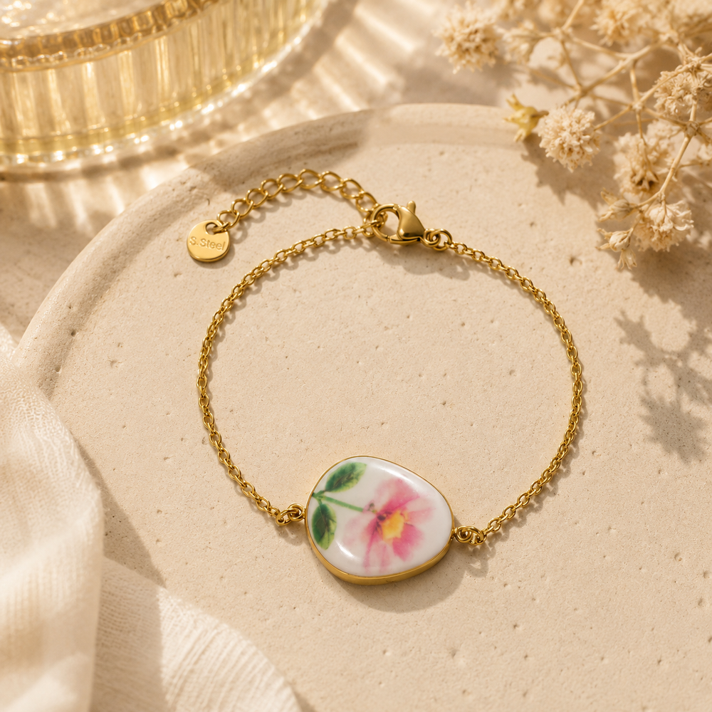 Bracelet Médaillon Fleuri Rose