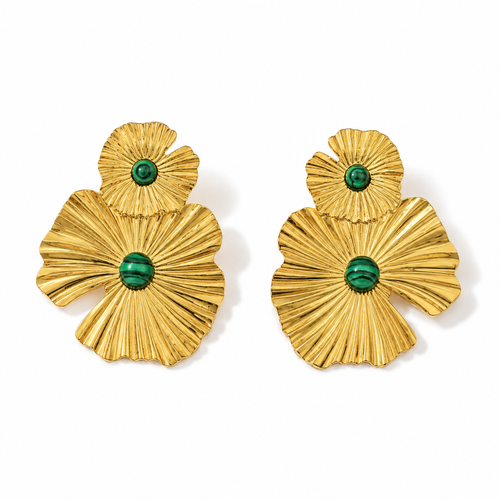 Boucles d’Oreilles Fleurs Dorées & Vertes