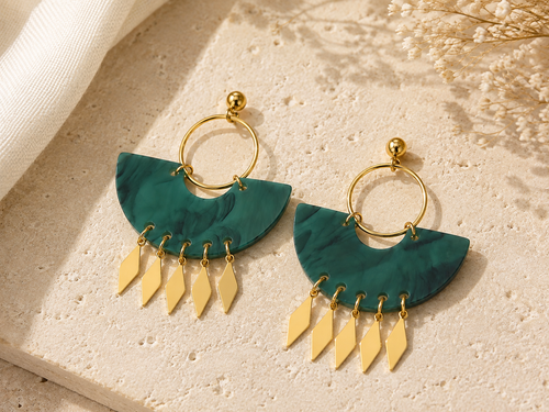 Boucles d’Oreilles Éventail Vert Marbré