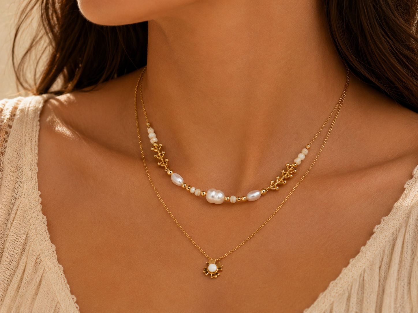 COLLIER DOUBLE PERLES & PENDENTIF